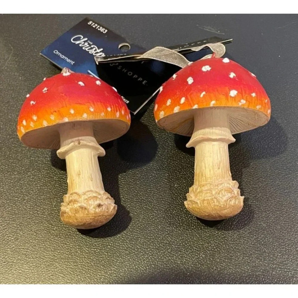Red White Gnome Dome Toadstool Mushroom Christmas Ornaments Set Of‎ 2 NEW #2 - Picture 1 of 5